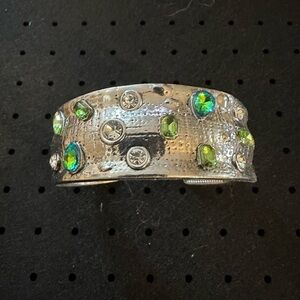 Silver Cuff Bracelet with Green and Blue Rhinestones